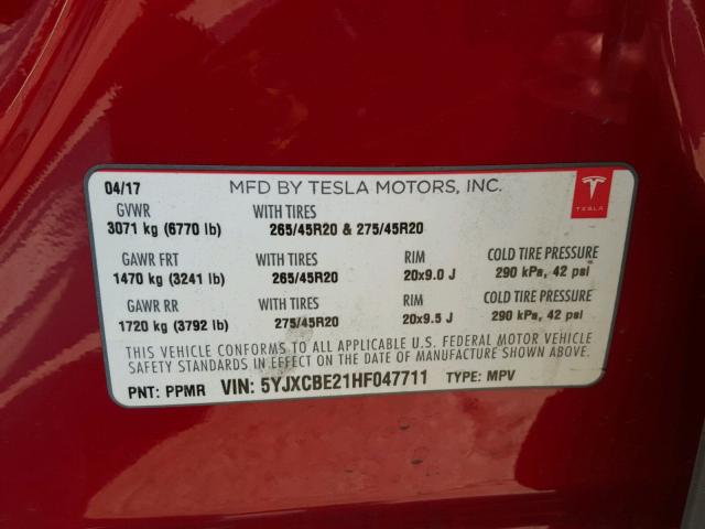 5YJXCBE21HF047711 - 2017 TESLA MODEL X RED photo 10