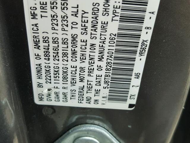 5J8TB18287A011062 - 2007 ACURA RDX GRAY photo 10