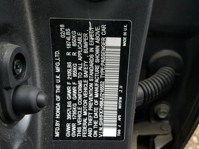 SHHFK7H98JU216552 - 2018 HONDA CIVIC SPOR GRAY photo 10