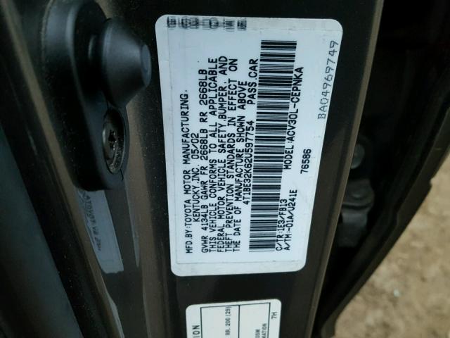 4T1BE32K62U597754 - 2002 TOYOTA CAMRY LE ნაცრისფერი ფოტო 10