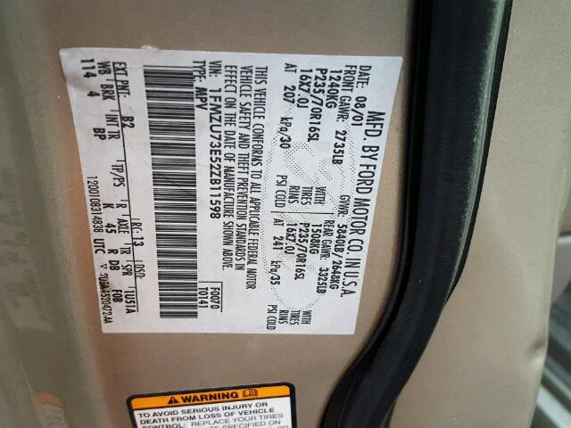 1FMZU73E52ZB11598 - 2002 FORD EXPLORER X GOLD photo 10