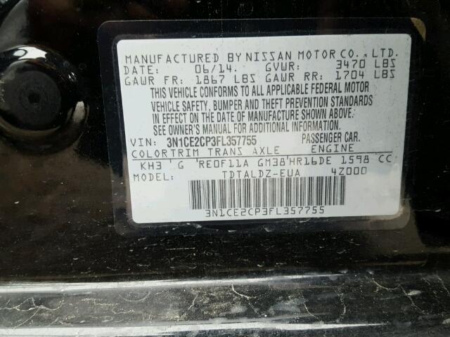 3N1CE2CP3FL357755 - 2015 NISSAN VERSA NOTE BLACK photo 10