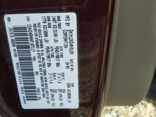 1D4HD48N04F107117 - 2004 DODGE DURANGO SL MAROON photo 10