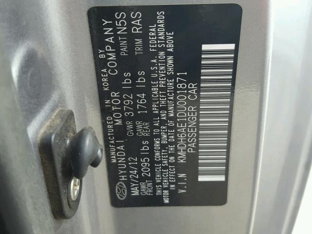 KMHDH6AE1DU001871 - 2013 HYUNDAI ELANTRA CO GRAY photo 10