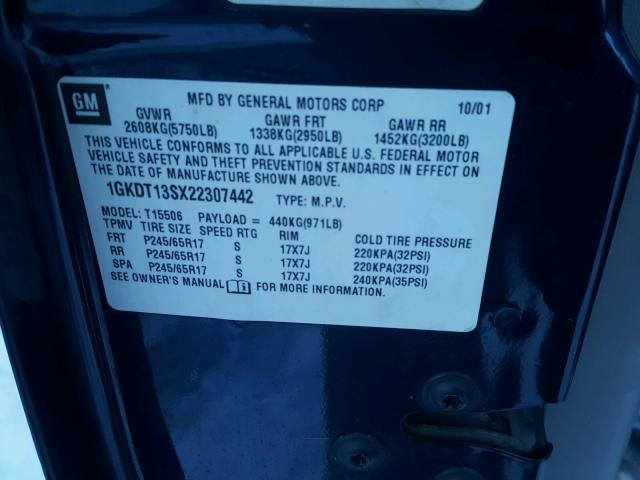 1GKDT13SX22307442 - 2002 GMC ENVOY BLUE photo 10