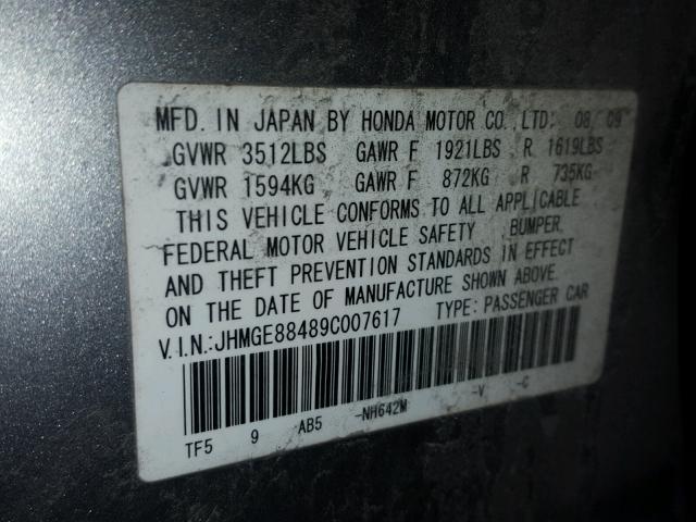 JHMGE88489C007617 - 2009 HONDA FIT SPORT SILVER photo 10