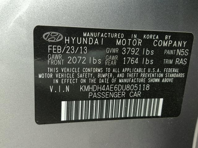 KMHDH4AE6DU805118 - 2013 HYUNDAI ELANTRA GL GRAY photo 10