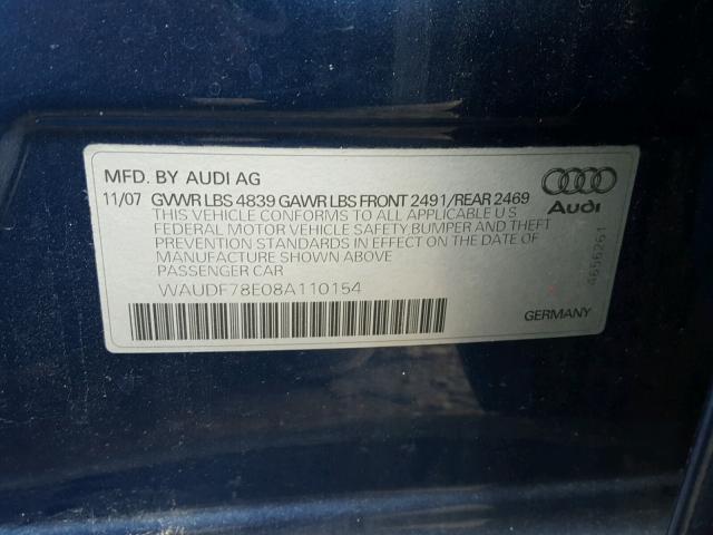 WAUDF78E08A110154 - 2008 AUDI A4 2.0T QU BLUE photo 10