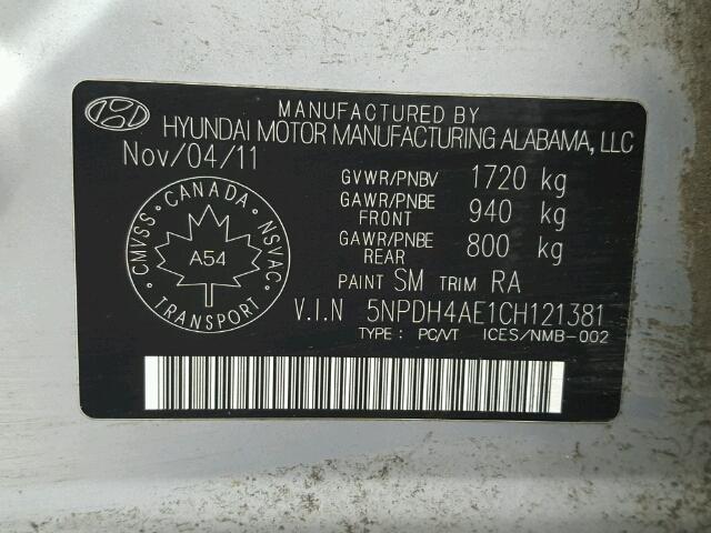 5NPDH4AE1CH121381 - 2012 HYUNDAI ELANTRA GL SILVER photo 10