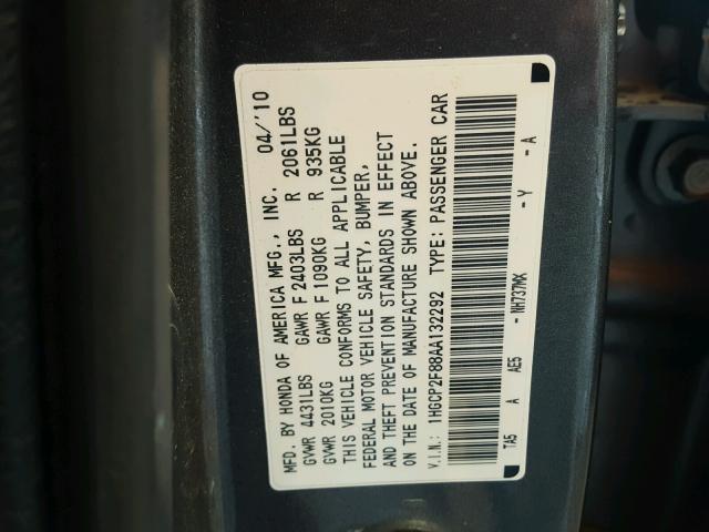 1HGCP2F88AA132292 - 2010 HONDA ACCORD EXL GRAY photo 10