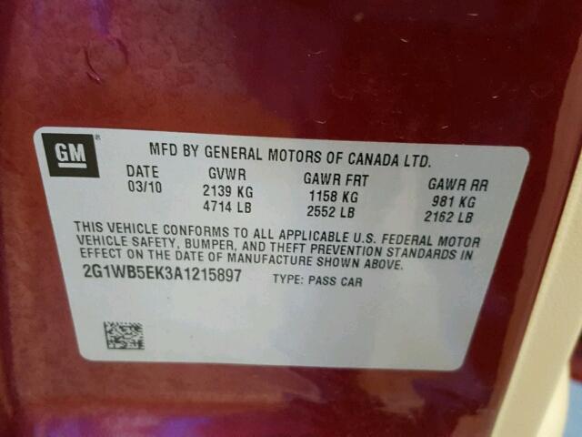 2G1WB5EK3A1215897 - 2010 CHEVROLET IMPALA LT MAROON photo 10