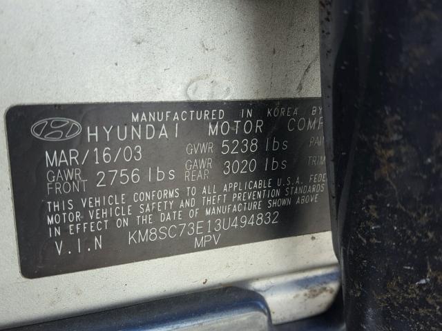 KM8SC73E13U494832 - 2003 HYUNDAI SANTA FE G GRAY photo 10