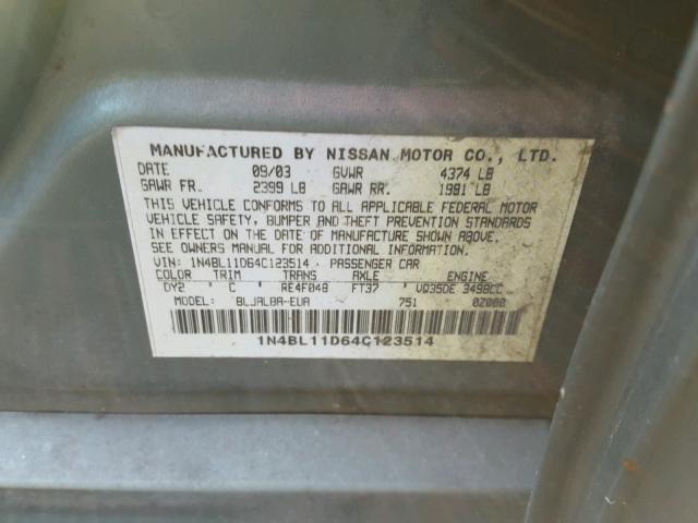 1N4BL11D64C123514 - 2004 NISSAN ALTIMA SE GREEN photo 10