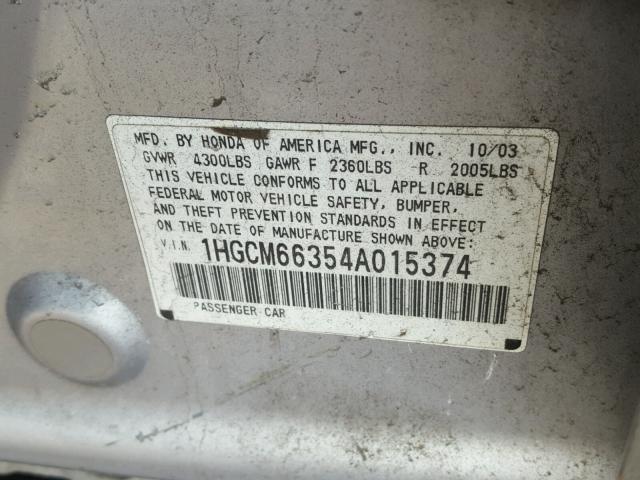 1HGCM66354A015374 - 2004 HONDA ACCORD LX SILVER photo 10