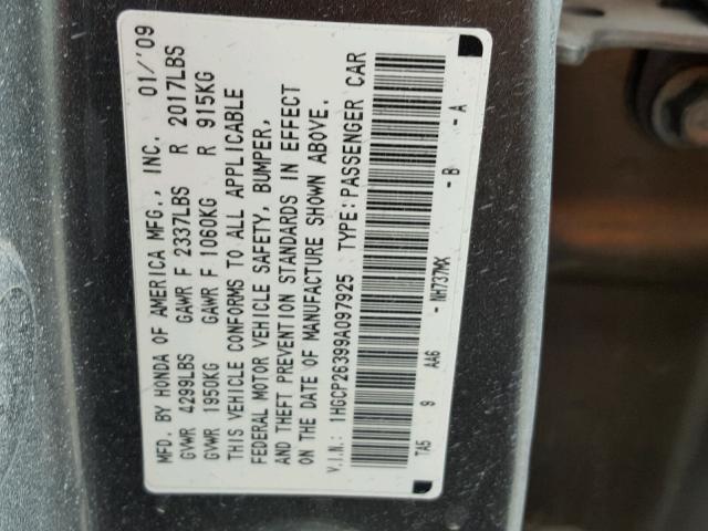 1HGCP26399A097925 - 2009 HONDA ACCORD LX GRAY photo 10