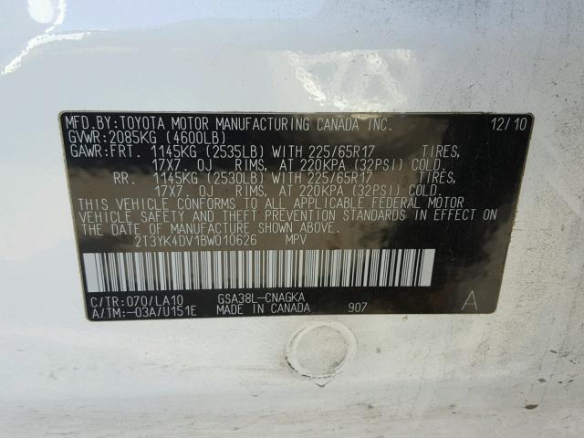 2T3YK4DV1BW010626 - 2011 TOYOTA RAV4 LIMIT WHITE photo 10