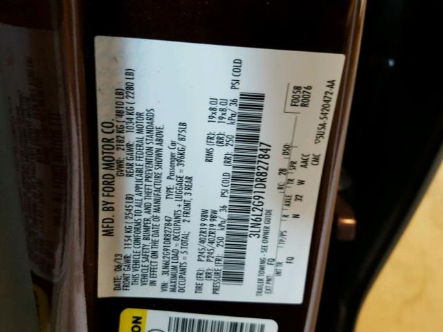 3LN6L2G91DR827847 - 2013 LINCOLN MKZ BURGUNDY photo 10