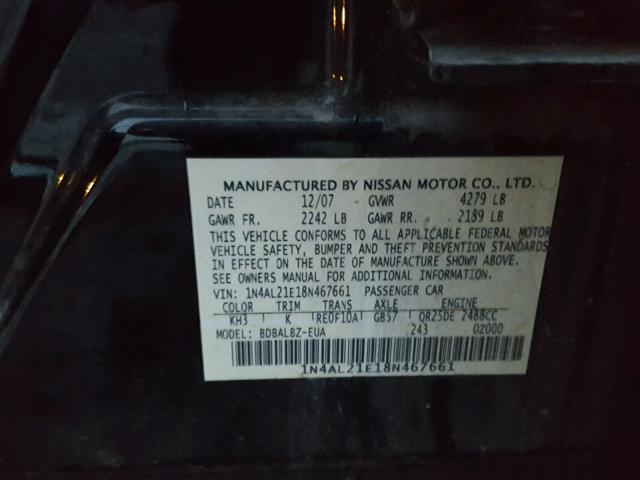 1N4AL21E18N467661 - 2008 NISSAN ALTIMA 2.5 BLACK photo 10