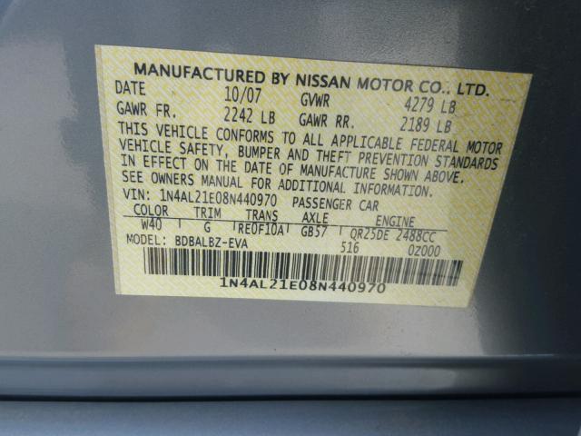 1N4AL21E08N440970 - 2008 NISSAN ALTIMA 2.5 GRAY photo 10