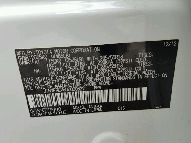 JTMYFREV6DD000822 - 2013 TOYOTA RAV4 LIMIT WHITE photo 10