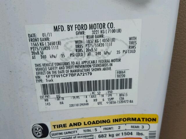 1FTFW1CF7BFA72179 - 2011 FORD F150 SUPER WHITE photo 10