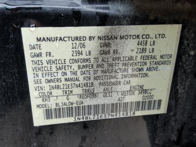 1N4BL21E37N414818 - 2007 NISSAN ALTIMA 3.5 BLACK photo 10