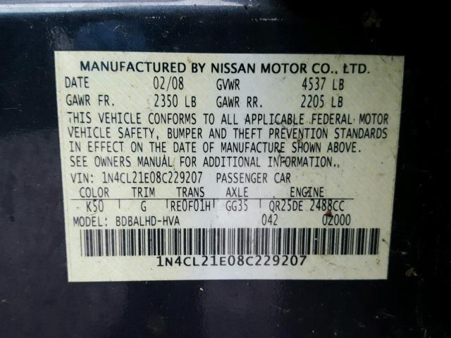 1N4CL21E08C229207 - 2008 NISSAN ALTIMA HYB CHARCOAL photo 10