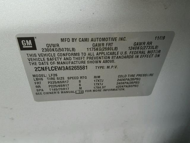 2CNFLCEW3A6265581 - 2010 CHEVROLET EQUINOX LS SILVER photo 10