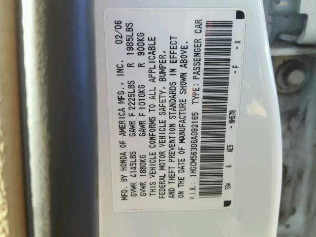 1HGCM56306A092165 - 2006 HONDA ACCORD SE WHITE photo 10