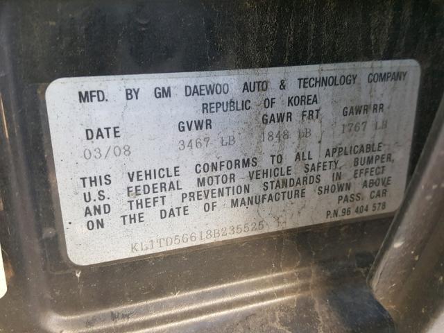 KL1TD56618B235525 - 2008 CHEVROLET AVEO BASE Қара фото 10