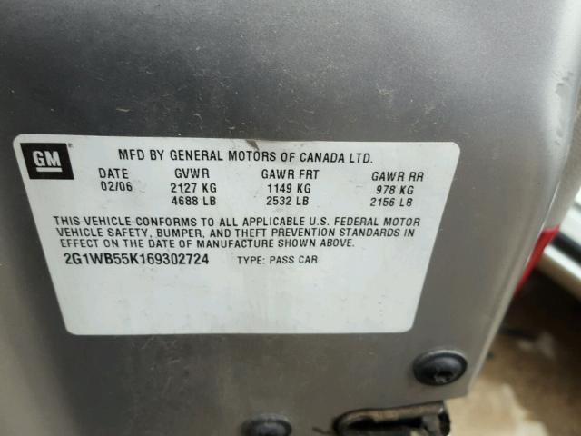 2G1WB55K169302724 - 2006 CHEVROLET IMPALA LS SILVER photo 10