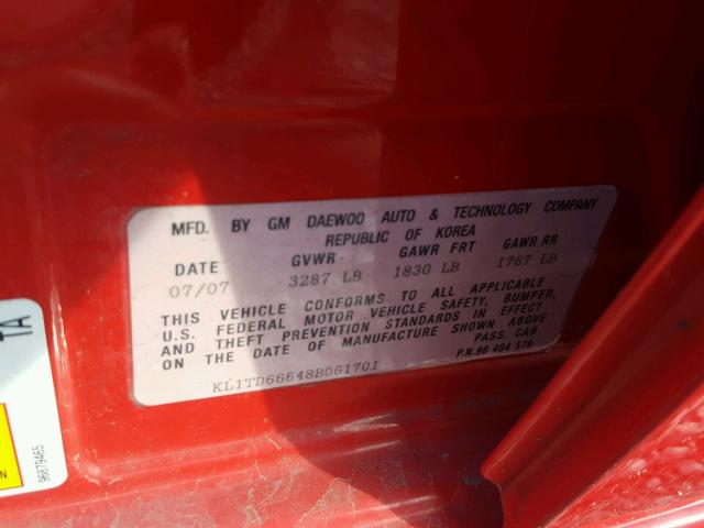 KL1TD66648B061701 - 2008 CHEVROLET AVEO BASE RED photo 10