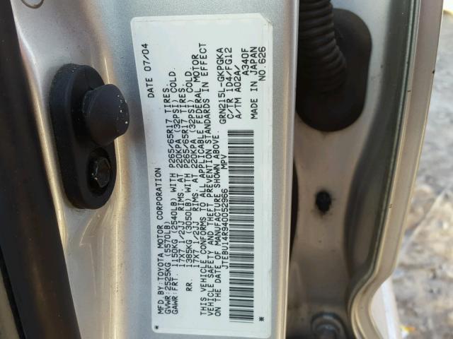 JTEBU14R940052966 - 2004 TOYOTA 4RUNNER SR SILVER photo 10