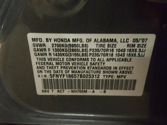 5FNYF18657B025312 - 2007 HONDA PILOT EXL GRAY photo 10