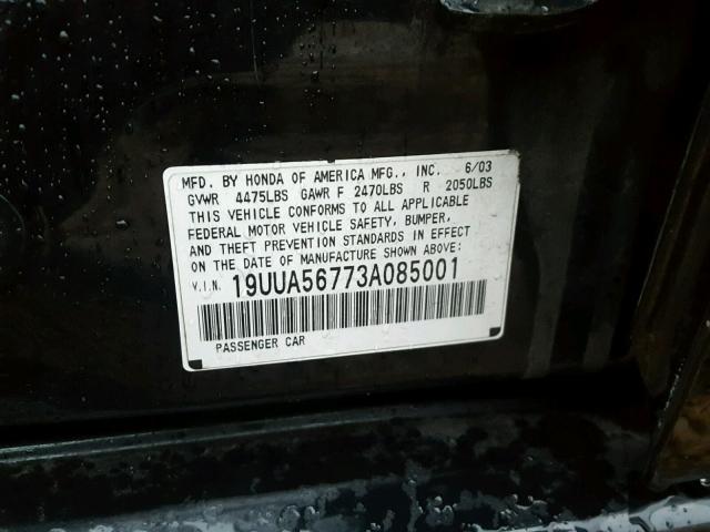 19UUA56773A085001 - 2003 ACURA 3.2TL BLACK photo 10