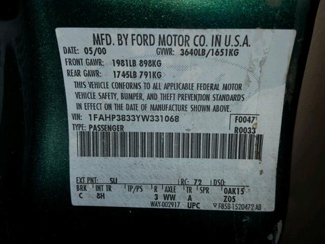 1FAHP3833YW331068 - 2000 FORD FOCUS ZTS GREEN photo 10