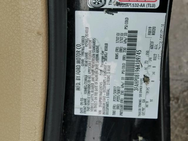 3FAHP08196R109745 - 2006 FORD FUSION SEL BLACK photo 10