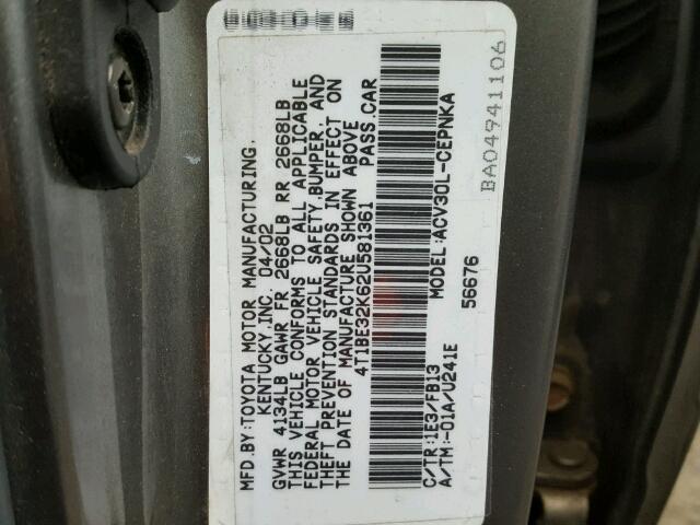 4T1BE32K62U581361 - 2002 TOYOTA CAMRY LE GRAY photo 10