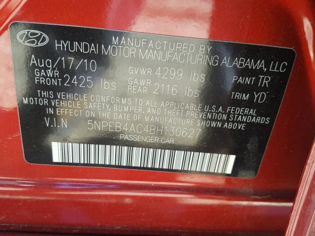 5NPEB4AC4BH130627 - 2011 HYUNDAI SONATA GLS RED photo 10