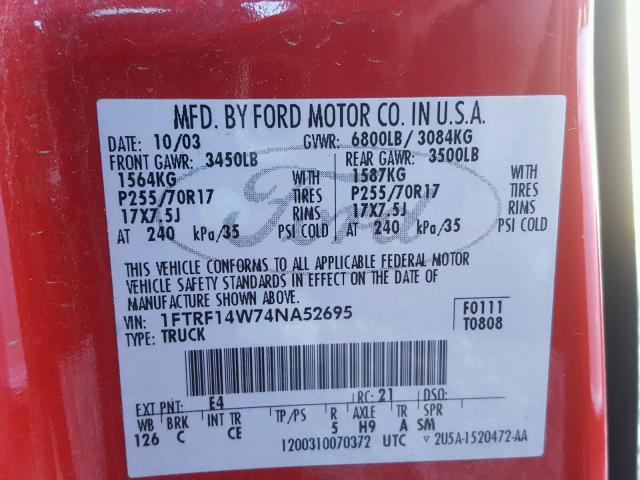 1FTRF14W74NA52695 - 2004 FORD F150 RED photo 10