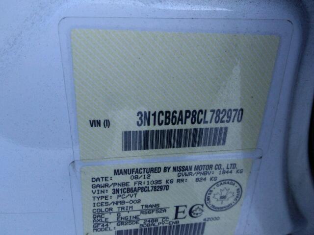 3N1CB6AP8CL782970 - 2012 NISSAN SENTRA SE- WHITE photo 9