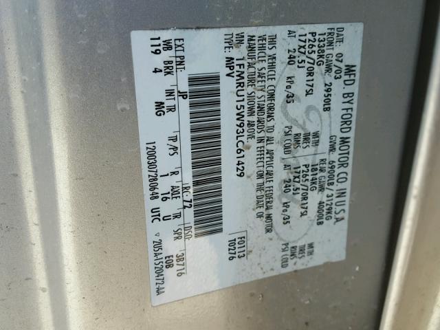 1FMRU15W93LC61429 - 2003 FORD EXPEDITION SILVER photo 10