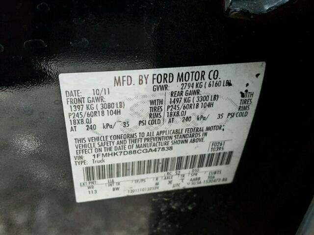 1FMHK7D88CGA47838 - 2012 FORD EXPLORER X BLACK photo 10