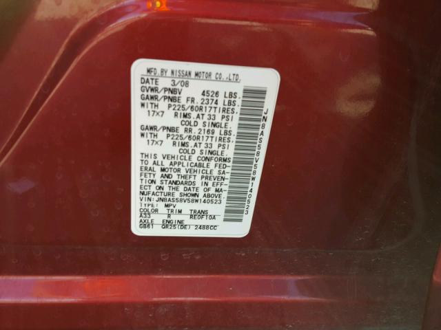 JN8AS58V58W140523 - 2008 NISSAN ROGUE S RED photo 10