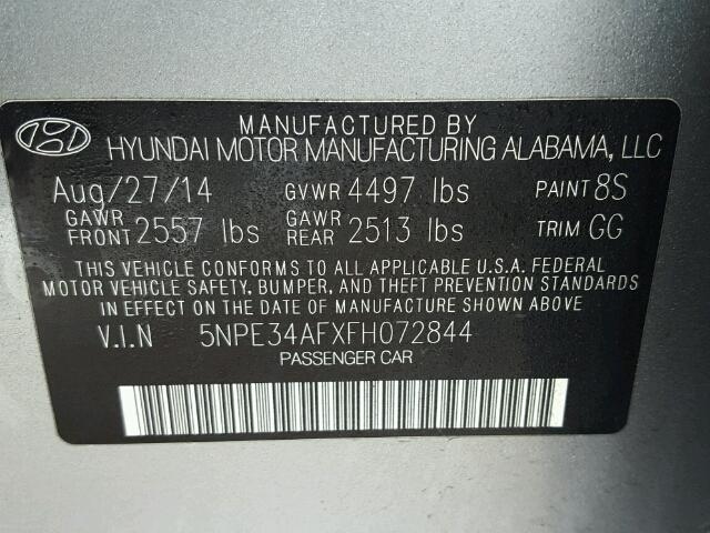 5NPE34AFXFH072844 - 2015 HYUNDAI SONATA SPO SILVER photo 10