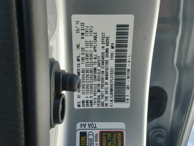 5J6RM4H51FL079201 - 2015 HONDA CR-V EX SILVER photo 10