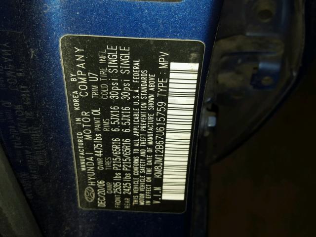 KM8JM12B67U615759 - 2007 HYUNDAI TUCSON GLS BLUE photo 10