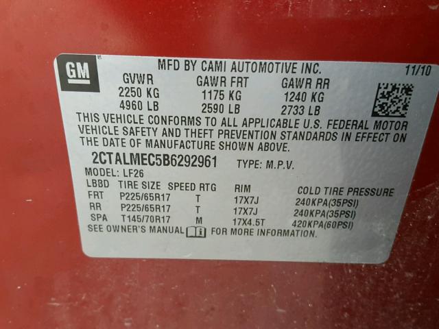 2CTALMEC5B6292961 - 2011 GMC TERRAIN SL RED photo 10