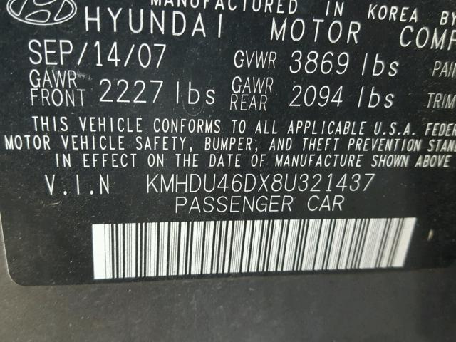 KMHDU46DX8U321437 - 2008 HYUNDAI ELANTRA GL GRAY photo 10