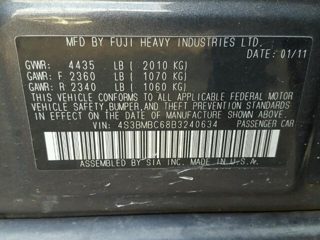 4S3BMBC68B3240634 - 2011 SUBARU LEGACY 2.5 GRAY photo 10